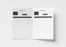 Load image into Gallery viewer, Open Equipment maintenance log on white background
