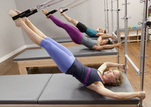 Load image into Gallery viewer, Pilates class exercising on Studio Reformers with twin mat kit installed
