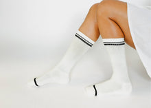 Load image into Gallery viewer, Varsity Crew Socks on white background side view
