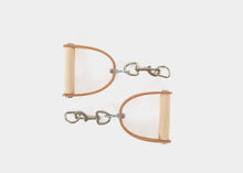 Load image into Gallery viewer, Easy-swivel, wood-handled, leather-strapped snap clip handles.
