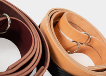 Load image into Gallery viewer, Detailed view of leather reformer straps, showcasing both oak tanned and latigo variants.
